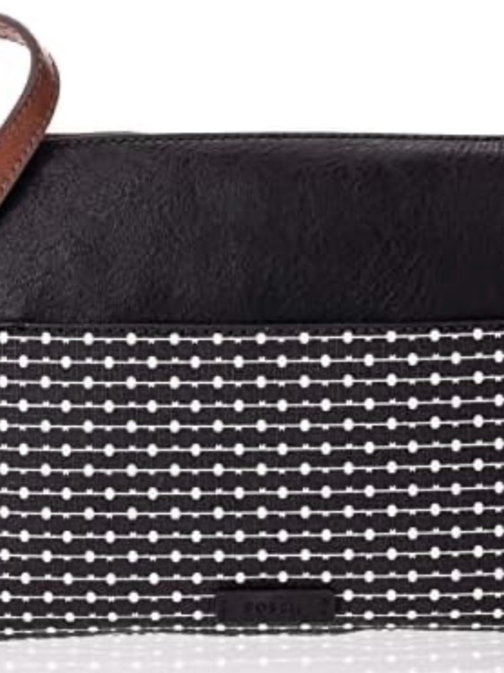 Fossil Black and White Dot-Strip Crossbody Bag with Brown Strap